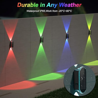 Ellasay Solar Fence Lights Backyark: 4-Pack Fence Lights Solar Powered 8 WRGB Color Modes - Up & Down Waterproof Solar Wall Lights for Outdoor/Yard/Poolside/Porch/Patio/Railing