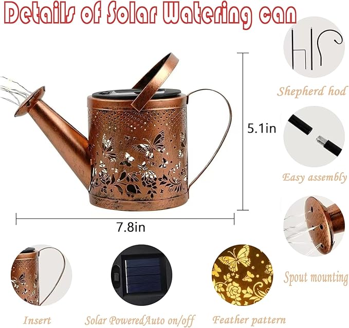 Solar Watering Can Lights,LED Solar Lantern String Light Outdoor Garden Waterproof Hollowed-Out Retro Metal Water Can Lights,for Garden Patio Yard Pathway Lantern Plant Decoration (Butterfly)