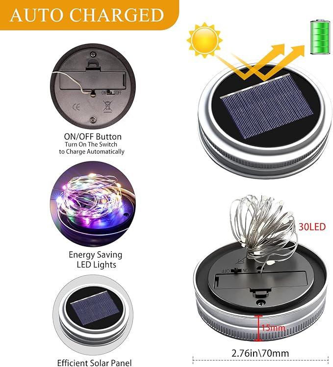 ZNYCYE Solar Mason Jar Lights, 12 Pack 30 LED Firefly Fairy String Lights, Waterproof Outdoor Solar Mason Jar Lid Lights with Hangers(NO Jars) for Patio Garden Yard Wedding Decoration - Multicolor