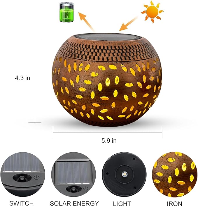 Solar Table Lanterns Outdoor Waterproof - 1 Pack LED Lamp Copper Metal Tabletop Light Solar Powered Decorative Lantern for Indoor Desk Bedroom Patio Garden Pathway Yard