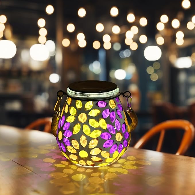 Mosaic Solar Lights Outdoor Lanterns, Decorative Mosaic Glass Solar Lamps Outdoor Waterproof, Hanging Lanterns Solar Night Lights for Garden,Patio,Pathway & Yard Décor (Flower)