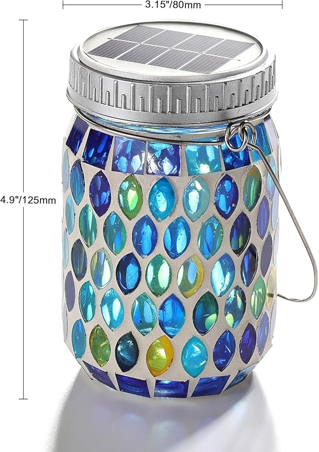 Cooo 2 Pack Mosaic Lanterns Outdoor Waterproof with 215% Larger Solar Panel, Never Rust Lids, True Capacity Battery- Solar Mason Mosaics Jar Lantern for Patio Garden Yard Balcony Christmas Decorations
