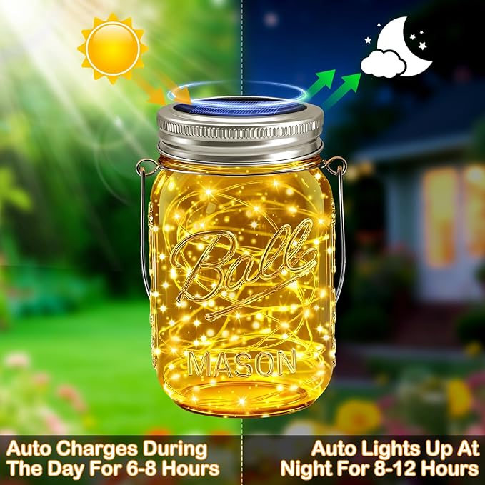VOOKRY Solar Mason Jar Lights - 10 Pack 30 LED Waterproof Outdoor Fairy Firefly Jar Lids String Lights with Hangers (No Jars) for Mason Jars Patio Garden Yard Party Wedding Decoration(Warm White)