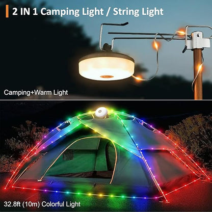 Camping String Lights, 4 in 1 Portable Camping Light Rechargeable, 8 Lighting Modes, USB Charging, Quick Storage, 32.8FT Waterproof Tent Lights String for Camping, Hiking, Yard, Christmas, Black