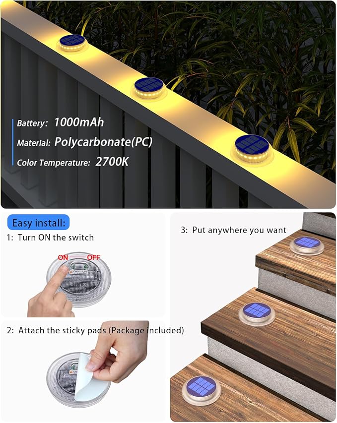 Solar Step Lights Outdoor Waterproof, 4 Pack Warm White Flat Lights Solar Powered for Outside Stair, Deck, Dock, Pathway, Driveway, Ground