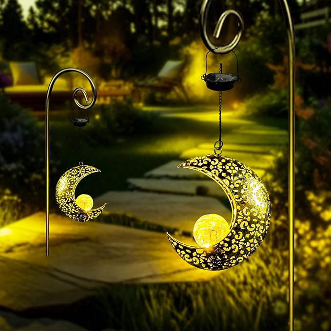 Solar Garden Hanging Moon Lights Outdoor Decor,2 Pack Metal Lanterns Art Decorations for Outside Yard Lawn Patio Wall Fences Driveway Trail,Unique Housewarming Gardening Gifts for Women Mom