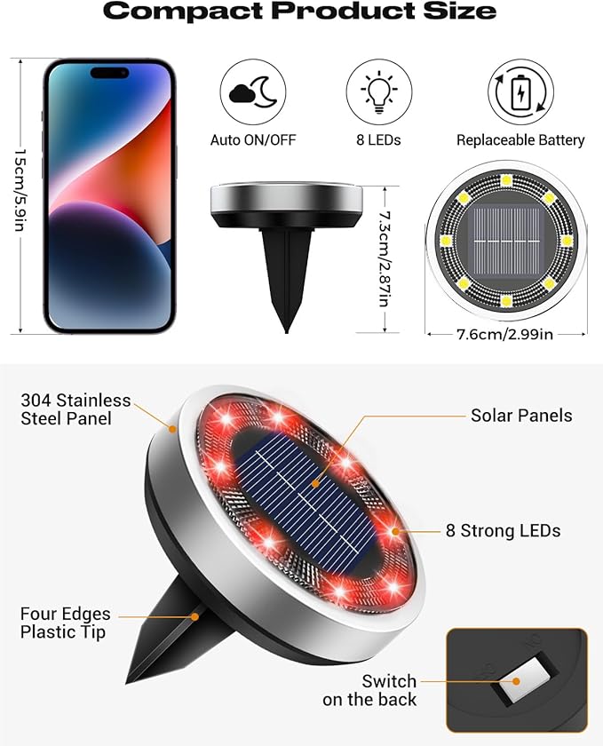 btfarm 16 Pack Solar Lights Outdoor, 8 LED Solar Ground Lights IP65 Waterproof Flat Solar Disc Light, Pathway Lights for Garden Lawn Patio Yard Path Landscape, Red