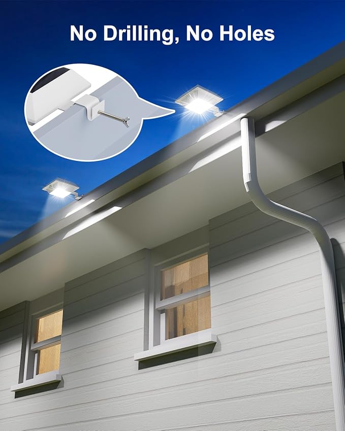 4 Pack White Solar Powered Gutter Lights Outdoor Decorative Waterproof 12 LEDs Yard Lamp for Lighting Fence, Railing, Outside Wall, Deck, Garden, Path, Backyard, Walkway, Patio, Holeless Installation