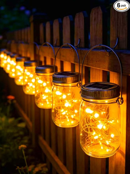 Cooo Gift for her him 6 Pack Solar Lanterns Outdoor Waterproof Upgraded Crystal Glass Solar Mason Jar Lights 30 LED 215% Larger SolarPanel, Anti-Rust Lid Hanging Outdoor Lanterns for Garden Porch