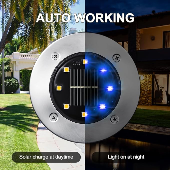 8-Pack Solar Ground Disk Lights, Blue Waterproof LED