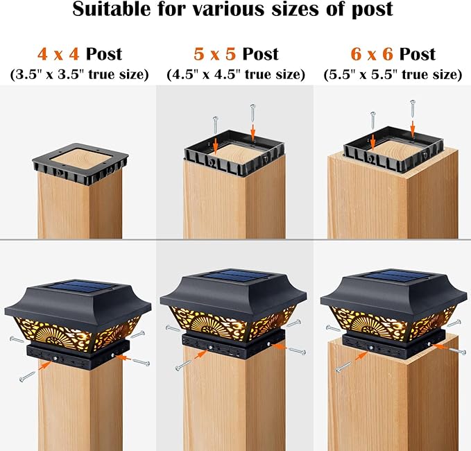 DenicMic Solar Post Lights 2 Pack Solar Post Cap Lights Outdoor Waterproof Metal 25 Lumen Warm White LED Lighting for 3.5x3.5 4x4 5x5 Wooden Fence Posts, Deck Rail, Yard, Patio, Garden (Black)