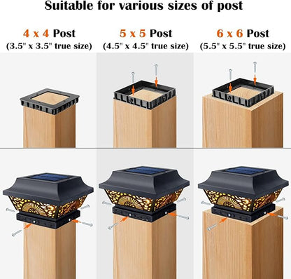 DenicMic Solar Post Lights 2 Pack Solar Post Cap Lights Outdoor Waterproof Metal 25 Lumen Warm White LED Lighting for 3.5x3.5 4x4 5x5 Wooden Fence Posts, Deck Rail, Yard, Patio, Garden (Black)