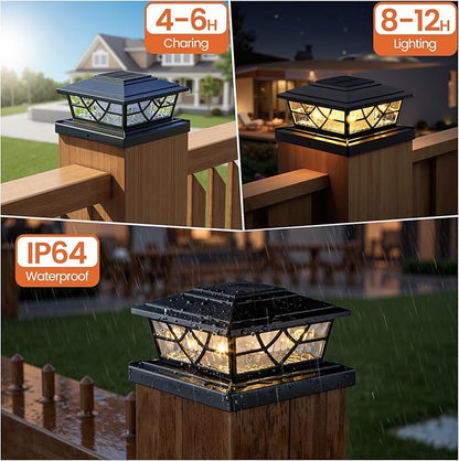 APONUO Solar Post Cap Lights 4 Pack for 4x4 5x5 6x6 Wood Vinyl Fences - IP64 Waterproof, Auto On/Off, Solar Powered Post Lights, Warm Cool White, Deck Patio Yard Decor, Black