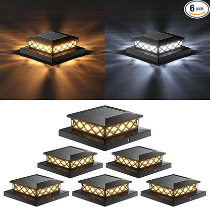 6 Packs Solar Post Cap Lights for Fence and Deck – Auto On/Off Outdoor Lighting, 2 Color Modes with 16 LEDs, Fits 4x4 5x5 6x6 Posts (Black)