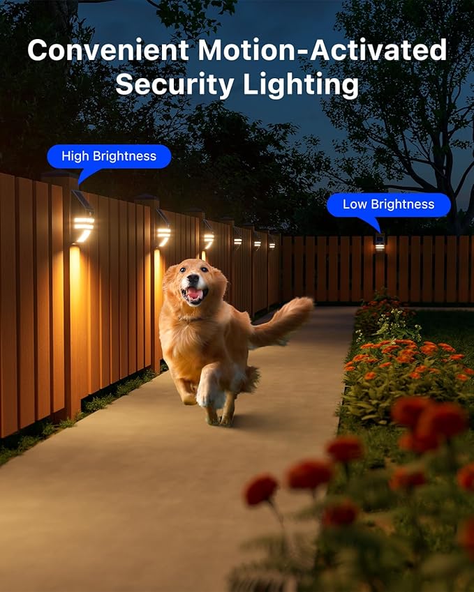 8 Pack Solar Stainless Steel Fence Lights Outdoor Waterproof Motion Sensor Wall Sconce for Backyard Post, Deck, Porch, Stair Rail, Dock, Gate, Walkway, Steps, Patio, Garden, Ambiance Warm Lighting
