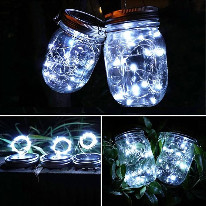 Solar Mason Jar Lights, 8 Pack 15 LED Waterproof Fairy Firefly Jar Lids String Lights with Hangers(NO Jars), Patio Yard Garden Wedding Easter Decoration - Cool White