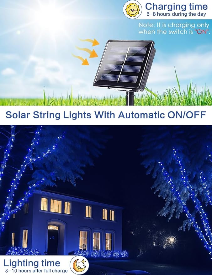 2 Pack Blue and White Solar String Lights Outdoor, 80FT 200 LED Waterproof Silver Wire Fairy Light, 8 Modes Solar Twinkle Light for Christmas Wedding New Year Independence Day Patio Fence Tree Decor