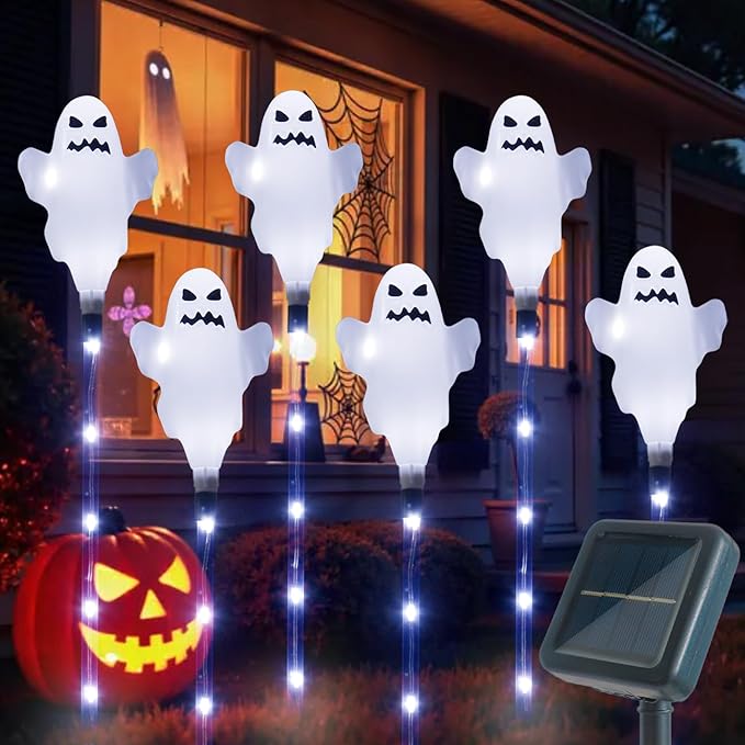 6 Pack Solar Halloween Ghosts Outdoor Decorations, Solar Halloween Lights Outdoor Waterproof, Pathway Lights for Outside Garden Patio Yard Lawn Party Walkway Grave Ghost Decor