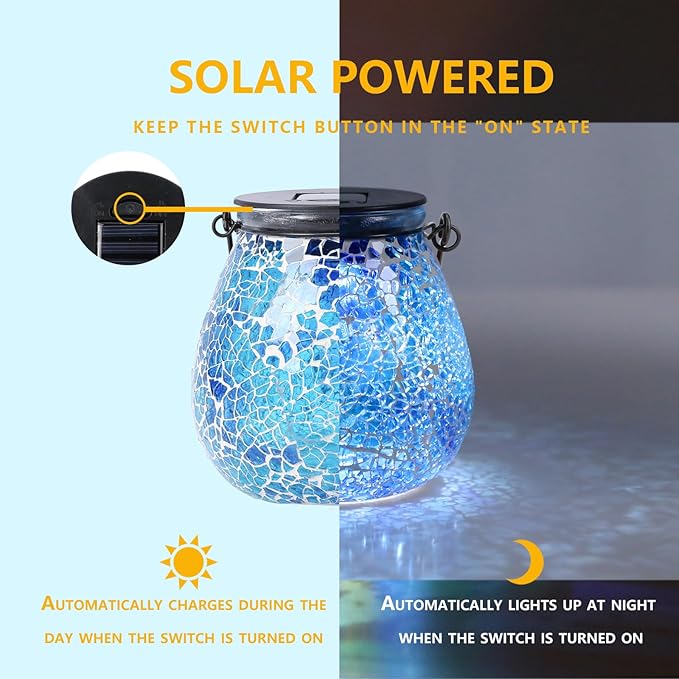 Afirst Mosaic Solar Lanterns Outdoor - Glass Hanging Solar Lights Hollow Out Waterproof Table Lamp Outdoor Decorative for Garden, Patio, Holiday Party Outdoor Decoration