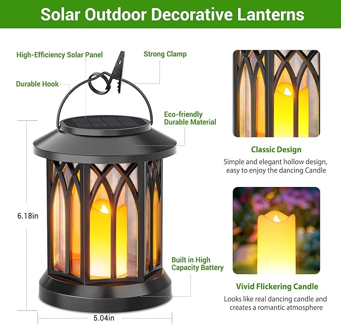 KOOPER 4 Pack Solar Lantern Outdoor Lights, Hanging Solar Lanterns Outdoor Waterproof, Christmas Gifts LED Flickering Flameless Candle Mission Lights for Yard Table Garden (Black)