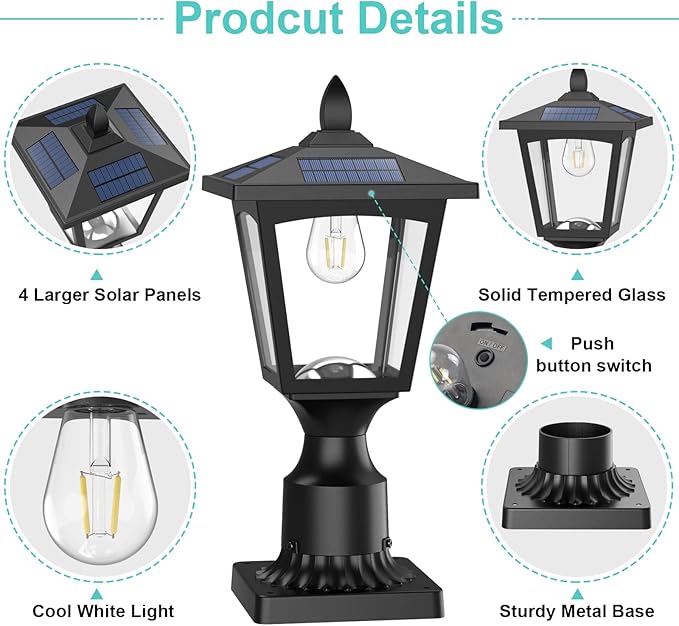 Greluna Solar Lamp Post Lights Outdoor, 6000K Dusk to Dawn Waterproof Post Lights with Pier Mount Base, Decorative Solar Lamp for Garden, Yard, Landscape, Pole, Pillar (Cool White)