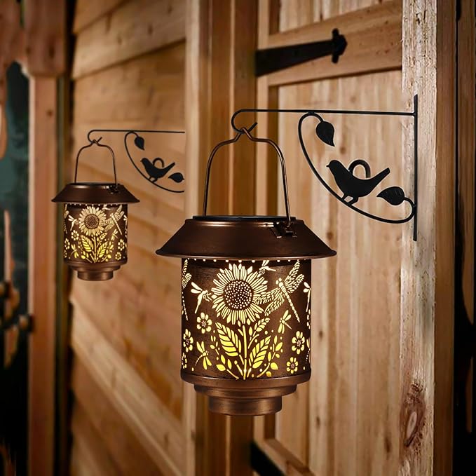 Solar Lantern Outdoor Hanging Sunflower Lights Gifts for Women Mom Metal Garden Decor Outside Waterproof LED Lanterns for Patio(Dragonfly + Sunflower-2pack)