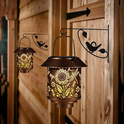 Solar Lantern Outdoor Hanging Sunflower Lights Gifts for Women Mom Metal Garden Decor Outside Waterproof LED Lanterns for Patio(Dragonfly + Sunflower-2pack)