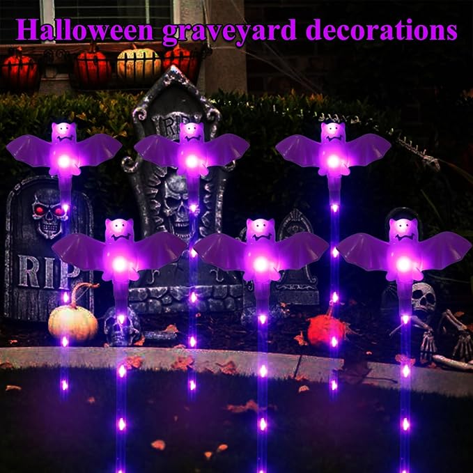 Halloween Decorations Outdoor Solar Bat Garden Lights,6 Pack 56LED Solar Halloween Bats Lights, Waterproof Solar Pathway Lights for Outside Patio Yard Lawn Grave Party Gifts Decor Purple