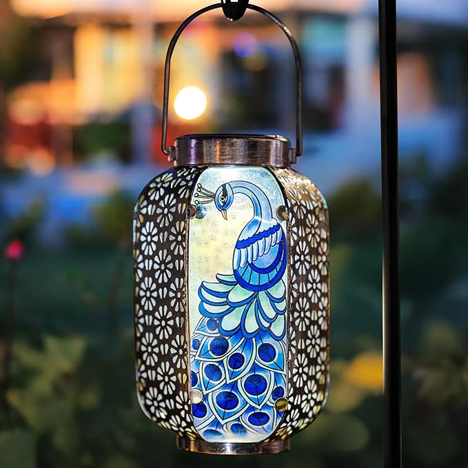Solar Peacock Lantern Outdoor Hanging Garden Decor – Waterproof Metal & Stained Glass Light with Handle – Decorative Retro Yard Art for Patio, Porch, Table, Pathway – Gardening Gift for Mom & Women
