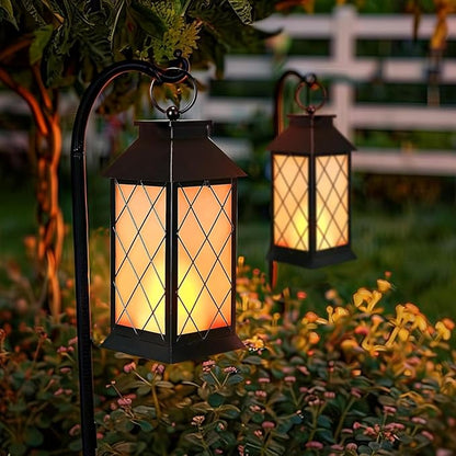 18" Solar Lanterns Outdoor Waterproof, Glass Solar Flickering Flame Lantern Large Hanging Solar Lantern Metal Decorative for Patio Garden Backyard Outside Tabletop Mothers Day Gifts Mom