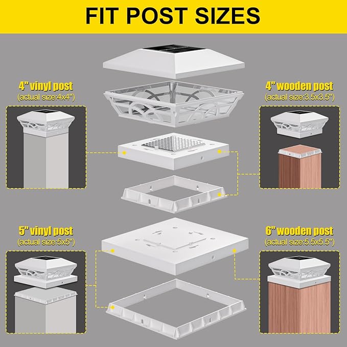 T-SUN Solar Post Cap Lights 6 Pack – Outdoor Waterproof Fence Lights for 3.5x3.5 4x4 5x5 5.5x5.5 Wood/Vinyl Posts, with 2 Brightness Modes Solar Deck Light for Patio, Garden, Porch(White)