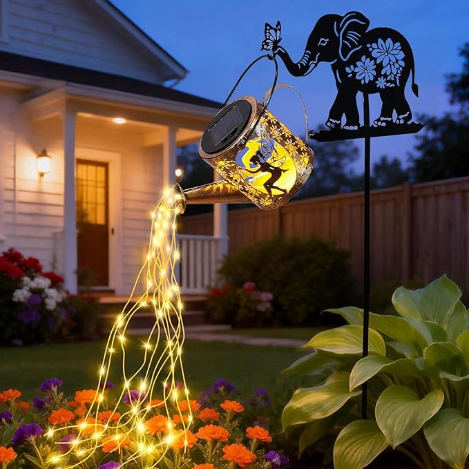 LOVERUIS Solar Garden Decor,Outdoor Elephant Statues with Solar Watering Can Lights-Yard Decorations for Patio, Backyard, Lawn Ornaments-Unique Birthday House Warming Gifts for Women, Mom, Grandma