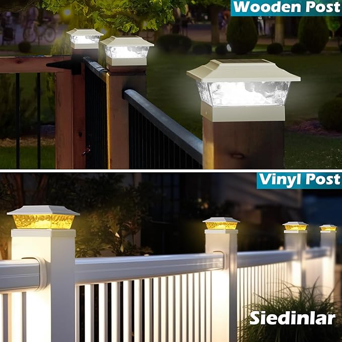 SIEDiNLAR Solar Post Lights Outdoor 12 LEDs 4 Modes Post Cap Light for 4x4 5x5 6x6 Wooden Vinyl Fence Deck Posts Patio Garden Decor, Warm/Cool White Dynamic Lighting (2 Pack, White)