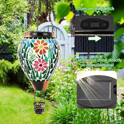 Mosica Hot Air Balloon Solar Lantern, Flower Pattern Glass Hanging Solars Lanterns Outdoor Waterproof Decorative Solar Light for Garden, Yard, Patio Decor
