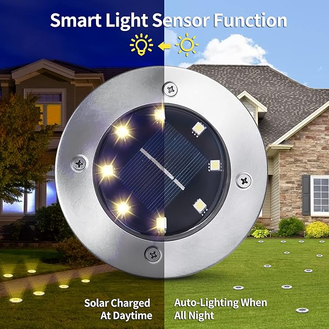 Aogist Solar Ground Lights - 12 Pack, 8 LED, Waterproof Outdoor Disk Lights for Pathway, Yard, Walkway, Patio, Lawn Path (Warm White)