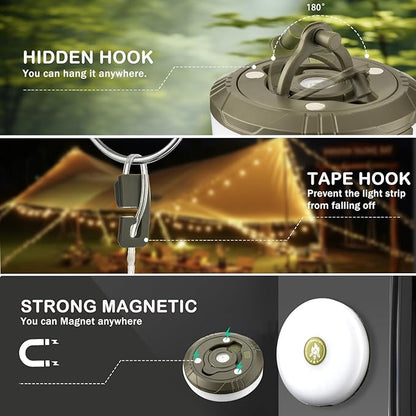Camping String Lights, 4 in 1 Outdoor Camping Lantern with 8 Lighting Modes(32.8Ft), Quick 30s Recovery, Waterproof, Type-C Fast Charging, Portable Lights for Camping/Yard/Hiking