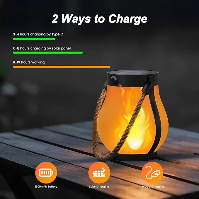 Hompavo Gen2 Solar Lanterns Outdoor with Ultra-Real Flame, Dual Charging (USB/Solar) & 2 Modes - Waterproof Decorative Hanging/Table Lights for Yard Patio Garden Gift Halloween Christmas Decoration, 2