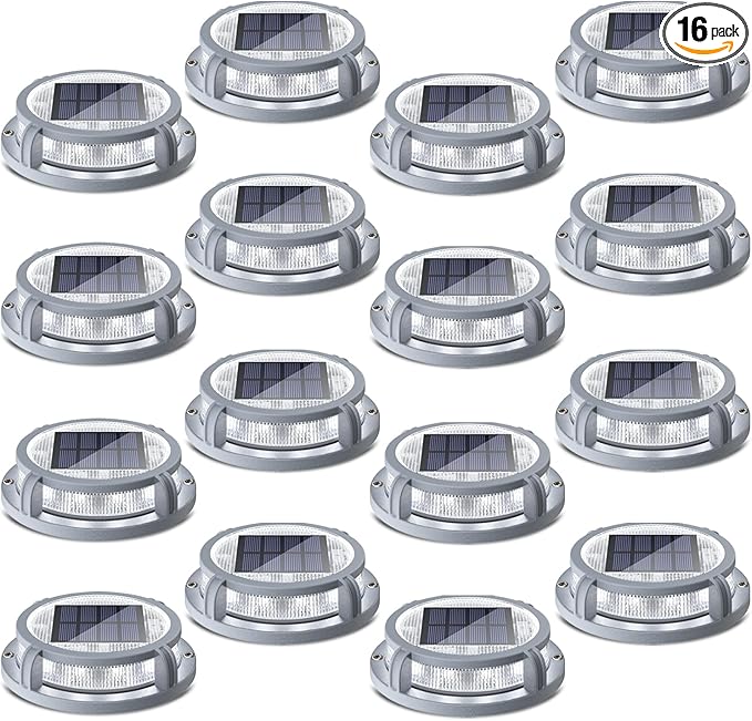 SIEDiNLAR Solar Deck Lights Outdoor 2 Modes 16 LEDs Dock Light Driveway Markers Solar Powered Waterproof for Ground Pathway Step Walkway Stair Road Garden Yard 16 Pack (Cool White/Warm White)