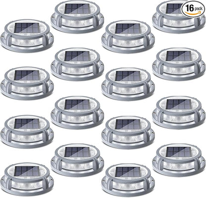 SIEDiNLAR Solar Deck Lights Outdoor 2 Modes 16 LEDs Dock Light Driveway Markers Solar Powered Waterproof for Ground Pathway Step Walkway Stair Road Garden Yard 16 Pack (Cool White/Warm White)