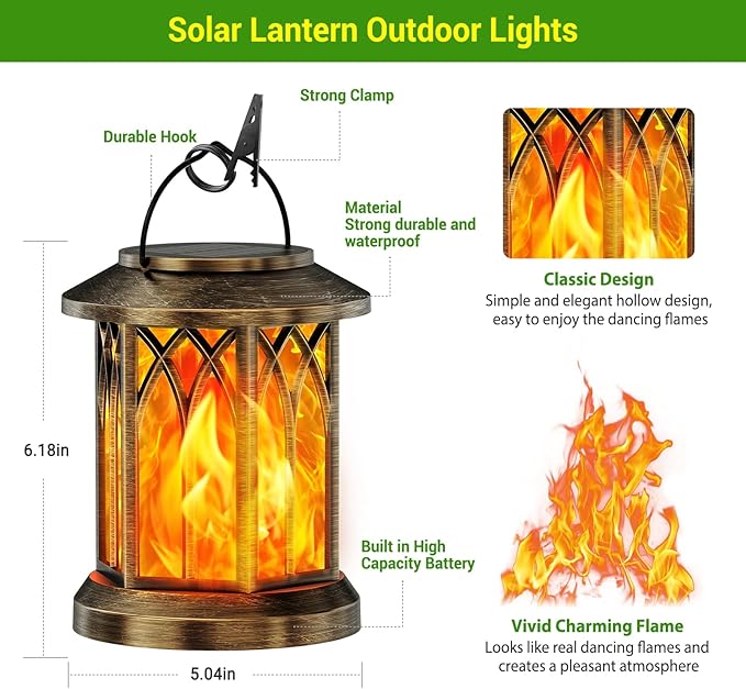 KOOPER 2 Pack Solar Lanterns Outdoor Waterproof, Upgraded Flickering Flame Solar Lantern Lights, Auto On/Off Lanterns Decorative Outdoor, Outdoor Hanging Lantern for Yard Garden Table Decor (Bronze )