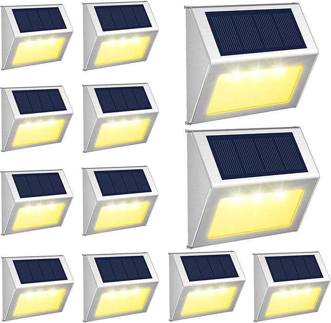 JSOT 12 Pack Solar Lights Outdoor Waterproof for Stairs - Solar Deck Lights Stainless Steel Step Fence Patio Post Wall Lamp for Garden Pathway Walkway LED Decor Light(Warm Light)