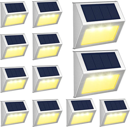 JSOT 12 Pack Solar Lights Outdoor Waterproof for Stairs - Solar Deck Lights Stainless Steel Step Fence Patio Post Wall Lamp for Garden Pathway Walkway LED Decor Light(Warm Light)
