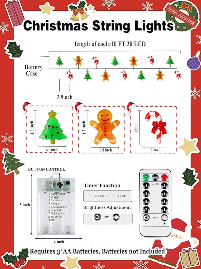 10ft Christmas LED String Lights, Waterproof Timer Lights