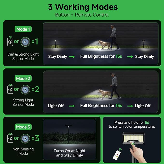 Solar Motion Sensor Lights Outdoor Pathway, Warm & Daylight 3000k/5000k/7000k Path Light IP65 Waterproof, 3 Modes Black Walkway Lighting with Remote Control for Driveway Garden (8 Pack)