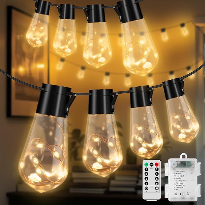 20 Hanging Bulb Battery Operated String Lights, 14FT 100 LED Vintage Bulbs Battery Outdoor Lights, Waterproof Indoor Outdoor Lights for Patio, Classroom, Home, Tent, Wedding, Party, Farmhouse Decor