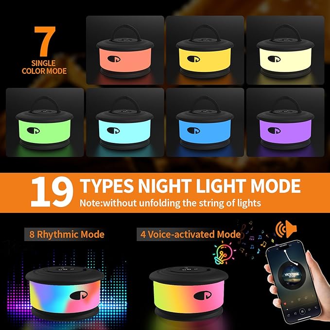 Camping String Lights, 3 in 1 Upgraded Retractable RGB Outdoor String Lights with 19 Lighting Modes, Quick 30s Recovery, 32.8 FT Portable Tent Lights, Rechargeable Camping Lantern (Black)
