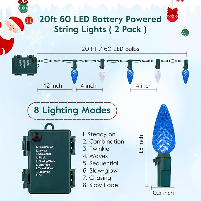 2-Pack 6 LED Christmas Twinkle Lights, 20ft Waterproof for Patio