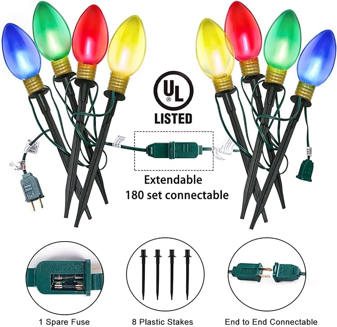 Jumbo C9 Christmas Pathway Lights Outdoor,14FT 8 LED C9 Jumbo Multicolor Christmas Walkway Lights, Connectable Outdoor Decorations Stakes Light for Outside Lawn Yard Garden Sidewalk Driveway