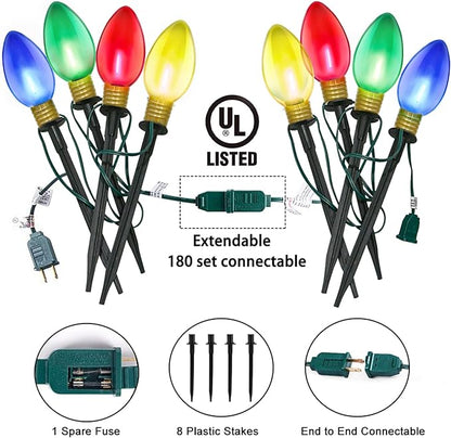 Jumbo C9 Christmas Pathway Lights Outdoor,14FT 8 LED C9 Jumbo Multicolor Christmas Walkway Lights, Connectable Outdoor Decorations Stakes Light for Outside Lawn Yard Garden Sidewalk Driveway