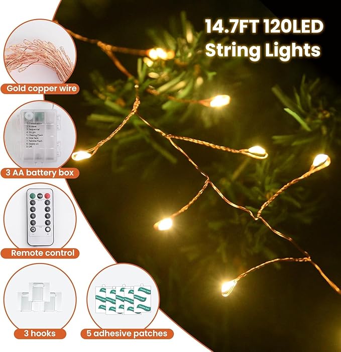 120 LED Fairy Lights, 14.7ft String Lights with Remote, 8 Modes Timer Twinkle Lights Battery Operated, Fairy Lights for Bedroom Wreath Party Window Wedding Christmas Tree Decoration,Warm White